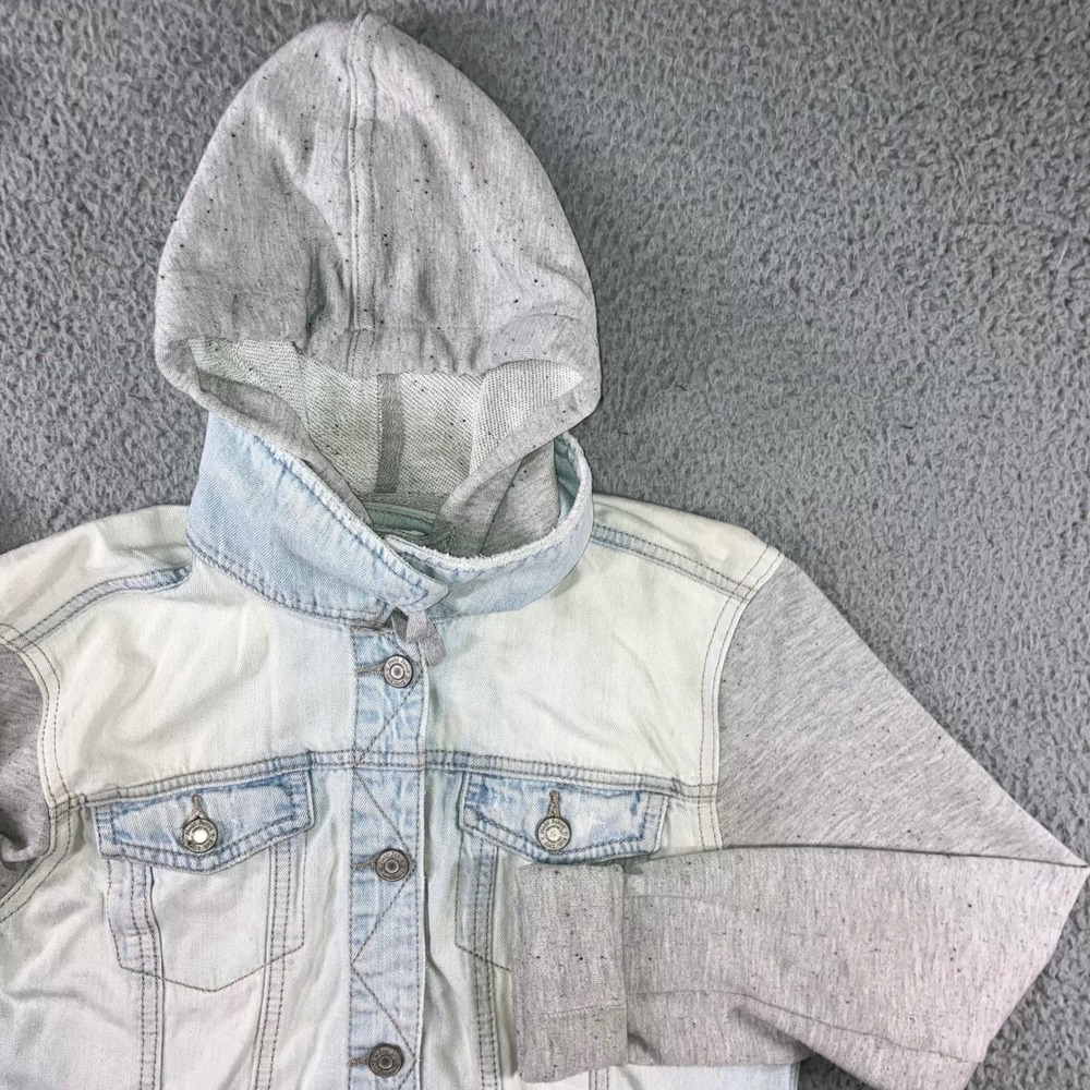 Mixed Media Denim Jacket Women M Light Wash Hooded Trucker Indie 90s Layering